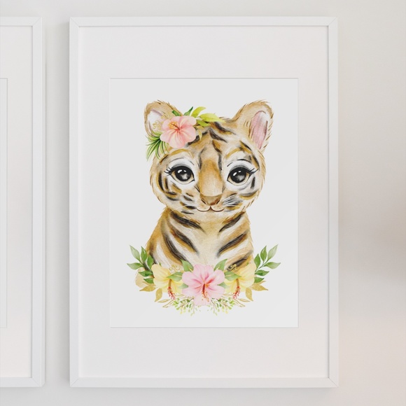 Cute Watercolor Floral Tiger Wall Art Print Poster Unframed - Picture 3 of 9